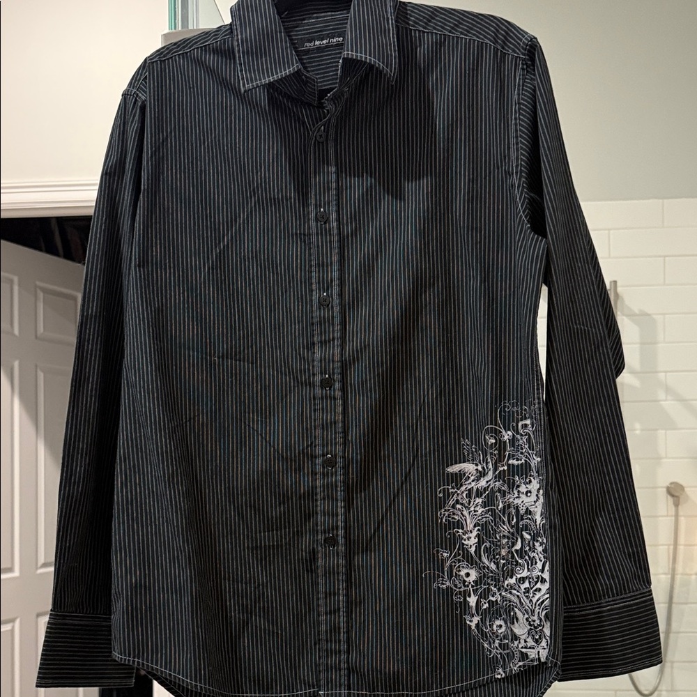 Teen / men Black Striped Shirt with White Design
